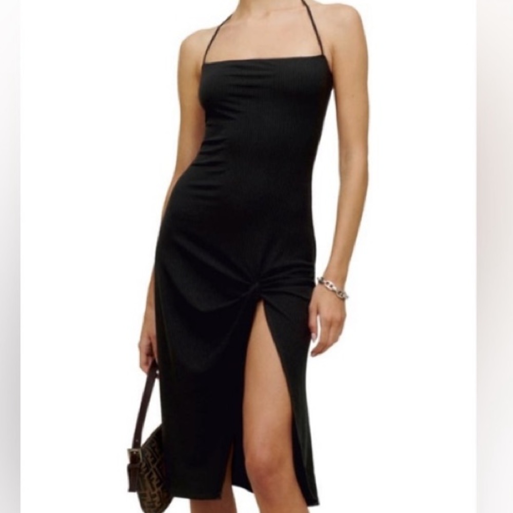 HP 🎉New Reformation Ribbed Hi- Low Halter Square Neck Black Slit Dress Size XL